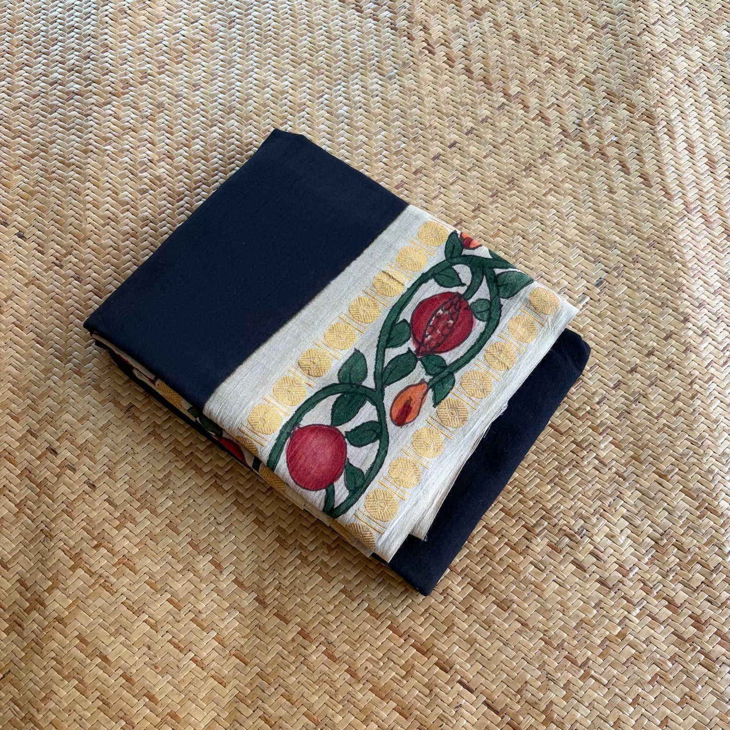 Pomegranate - Kalamkari Hand Painted on a Madurai Sungudi Cotton saree. With Blouse