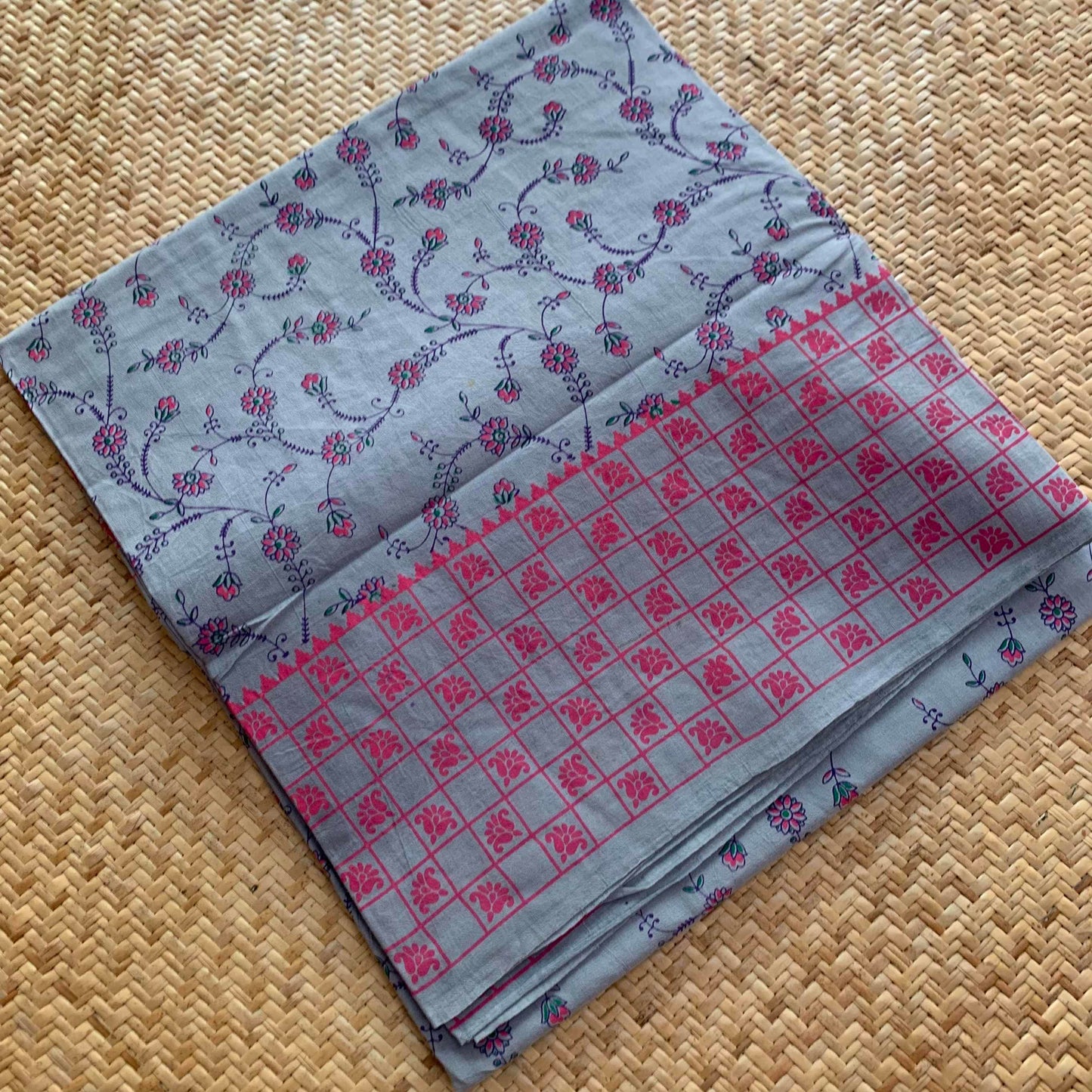 Grey Blue Print Sungudi Saree