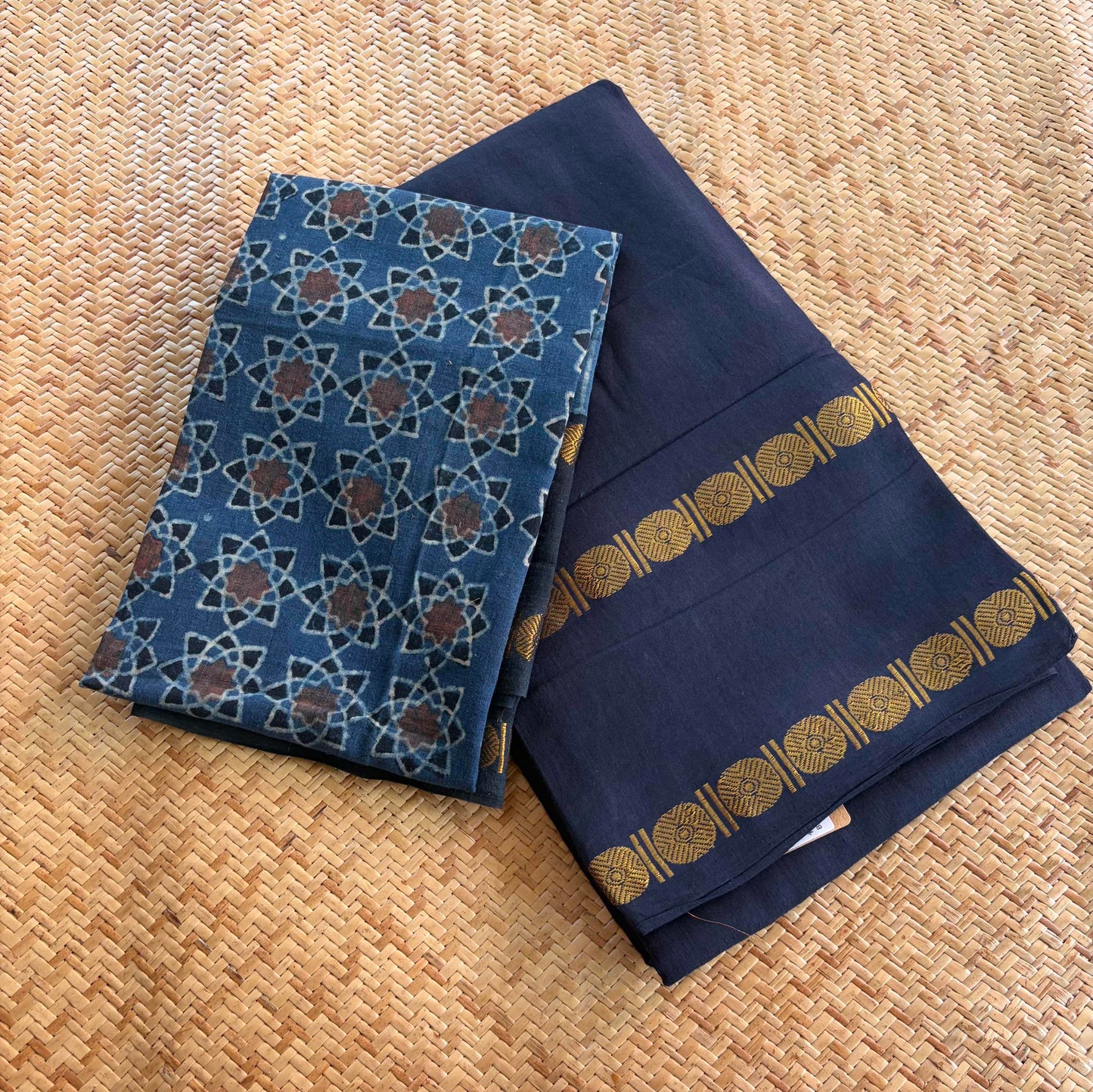 Navy Saree With Ajrak Blouse , Zari Rudraksham Rettai Pettu Border , Clamp dyed (Kattu sayam).
