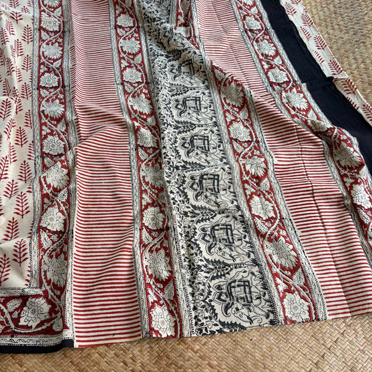 Mul Mul Cotton saree, Hand Block Printed, Beige