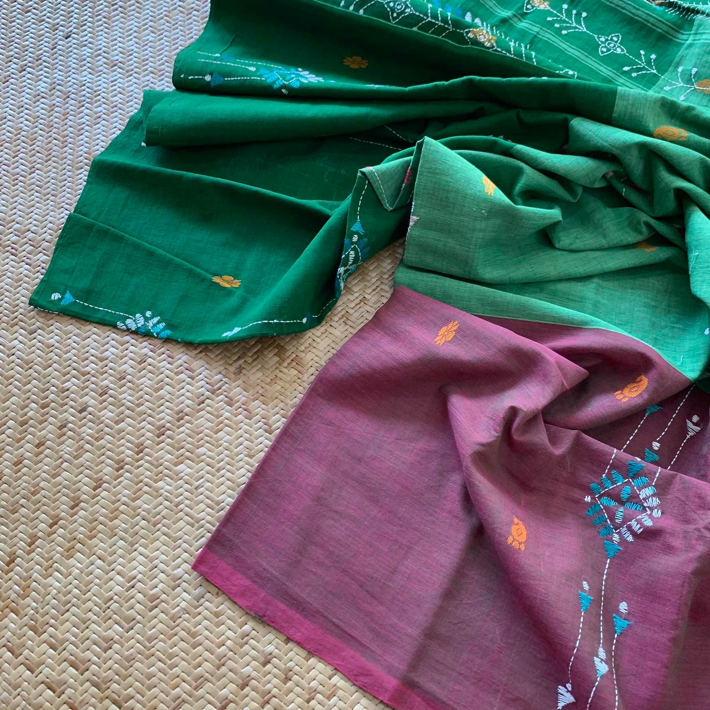 Arupukottai Hand woven Saree with multi colour thread Kantha Hand Embroidery