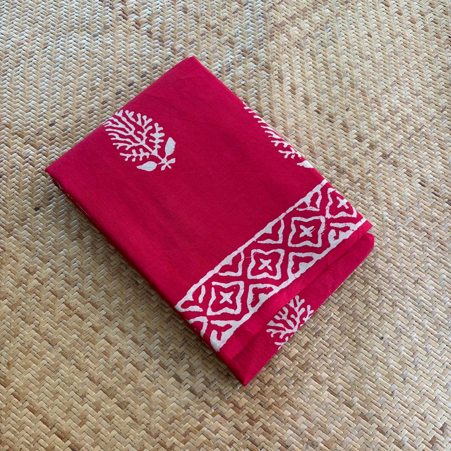 Mul Mul Cotton saree, Hand Block Printed, Red