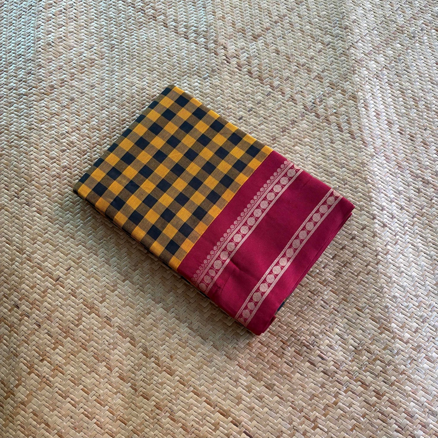Chettinad Cotton Saree, Mustard with Black Saree with Korvai Border