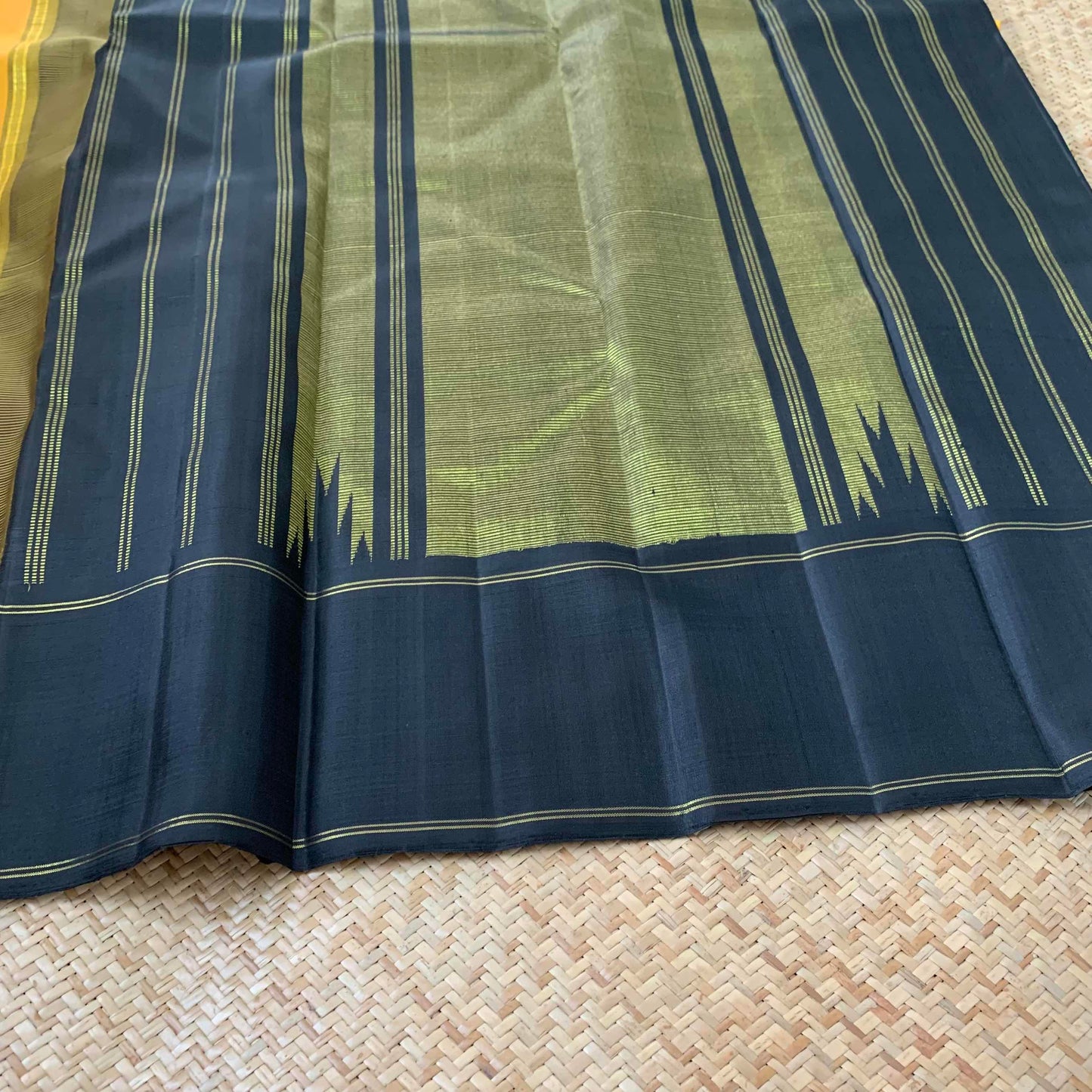 Golden Mustard Saree With Black Korvai Border, Kanchipuram Silk Saree With Blouse