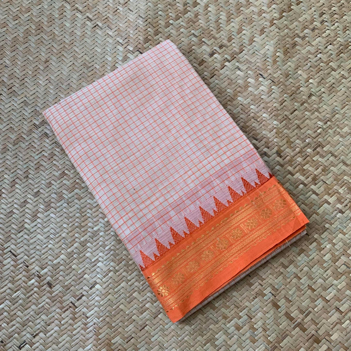 Chettinad Cotton Saree, Beige Saree with Orange Border