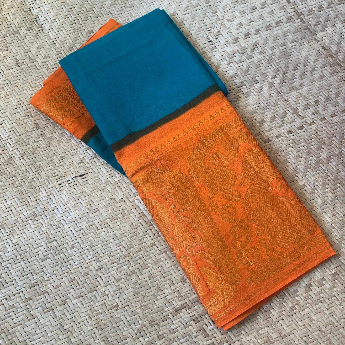 Teal With Orange , Blouse piece