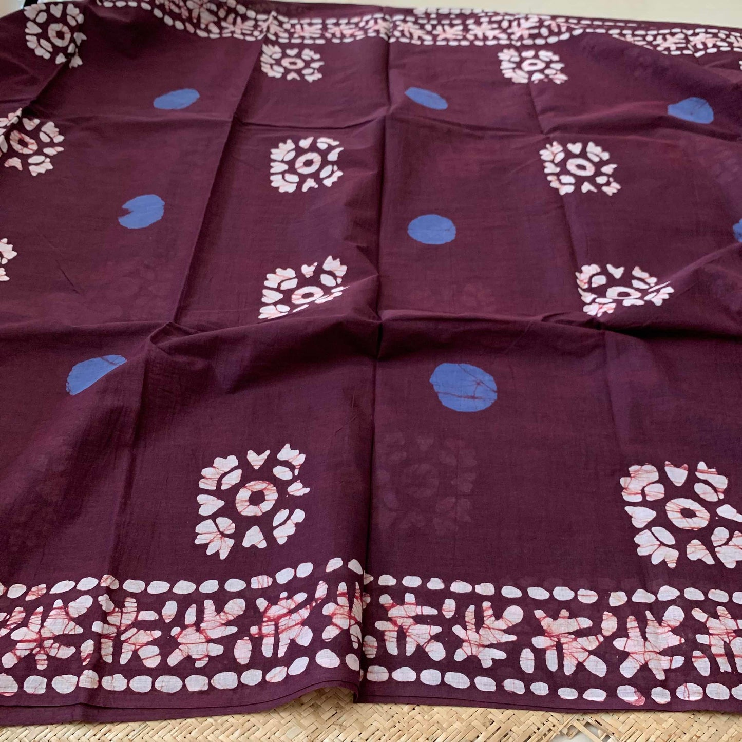 Mul Mul Cotton saree, Block Printed Maroon