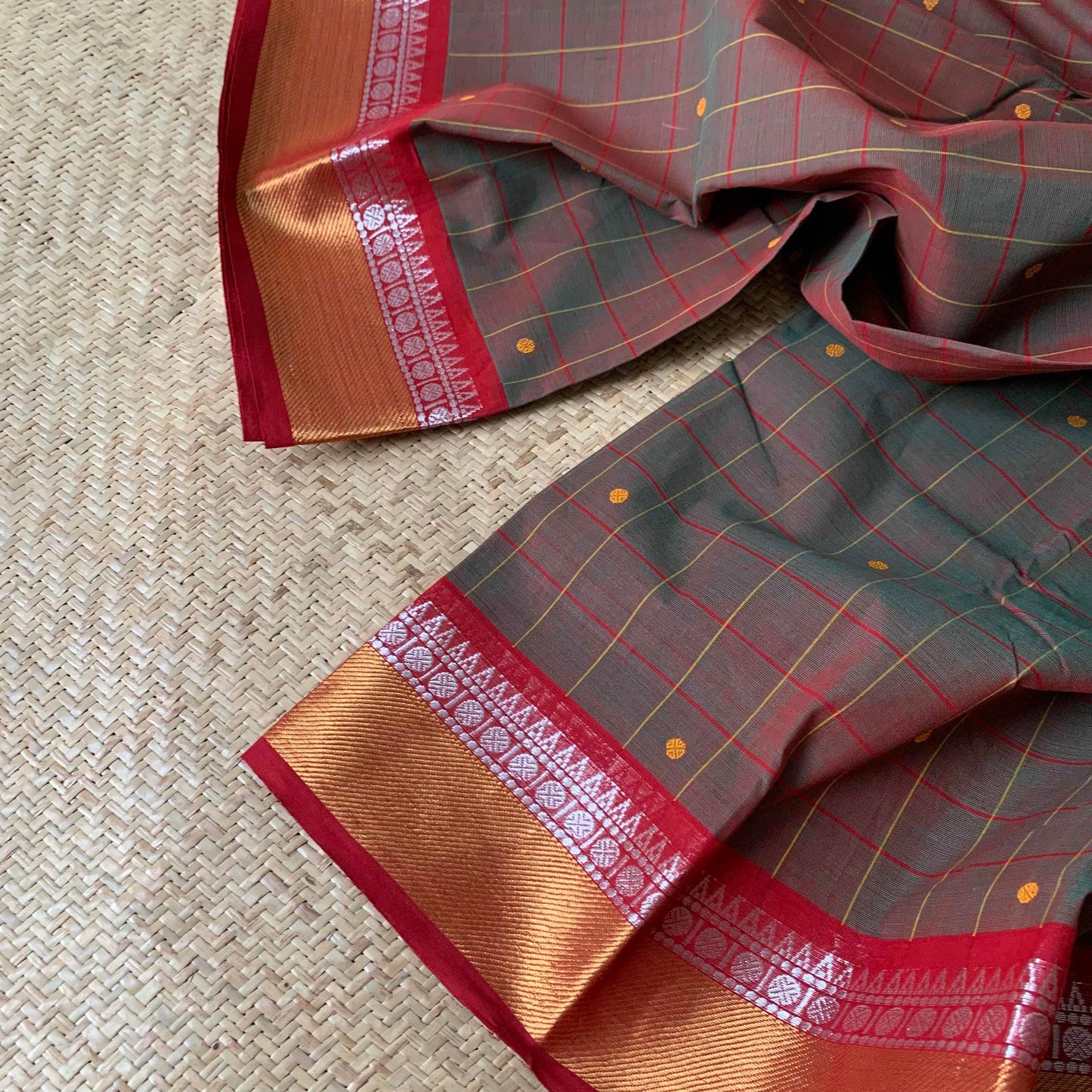 Chettinad Cotton Saree, Manthulir Green Checks Saree with Maroon Zari Border