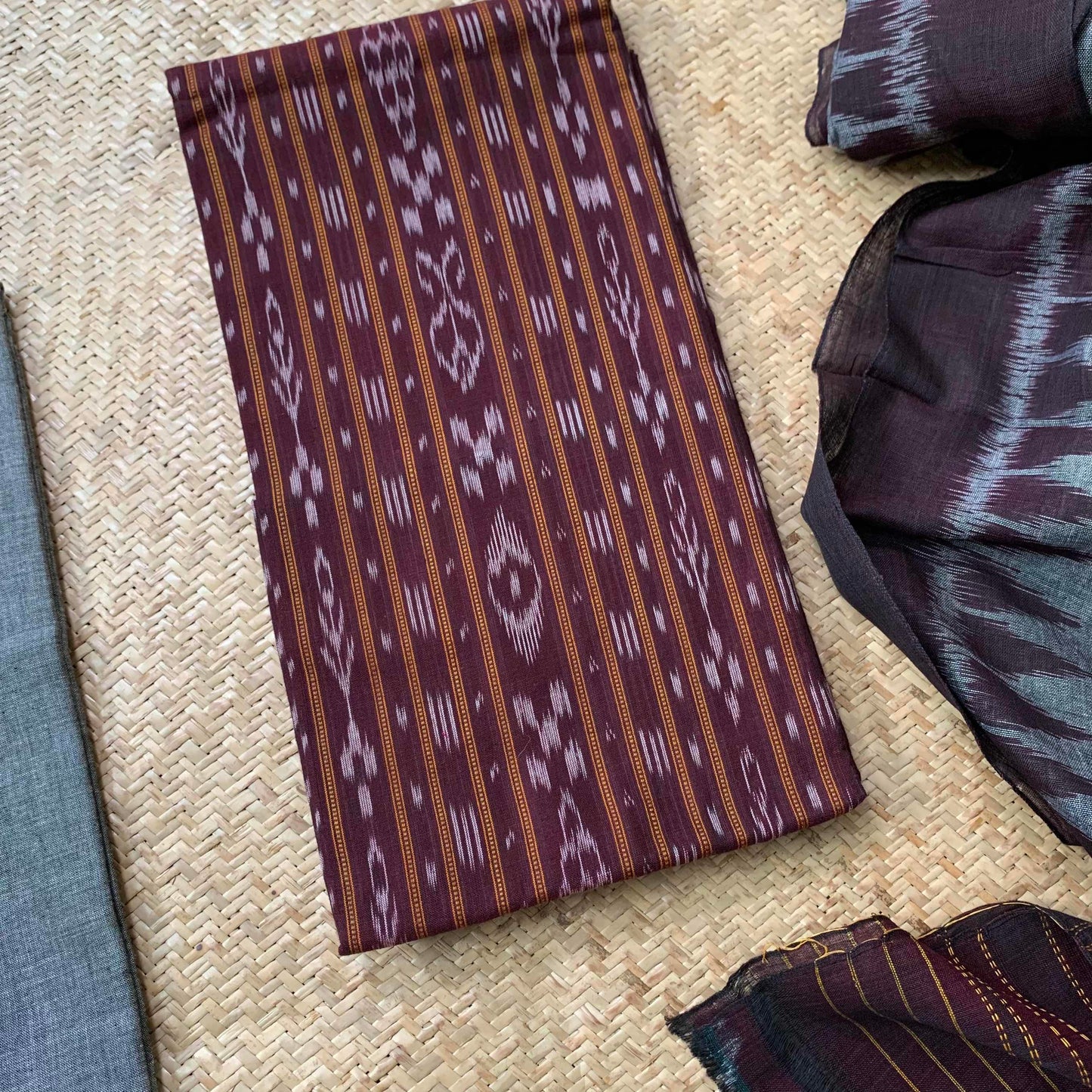 Brown With Grey Handwoven Sambalpuri Ikkat Cotton Salwar Suite Material