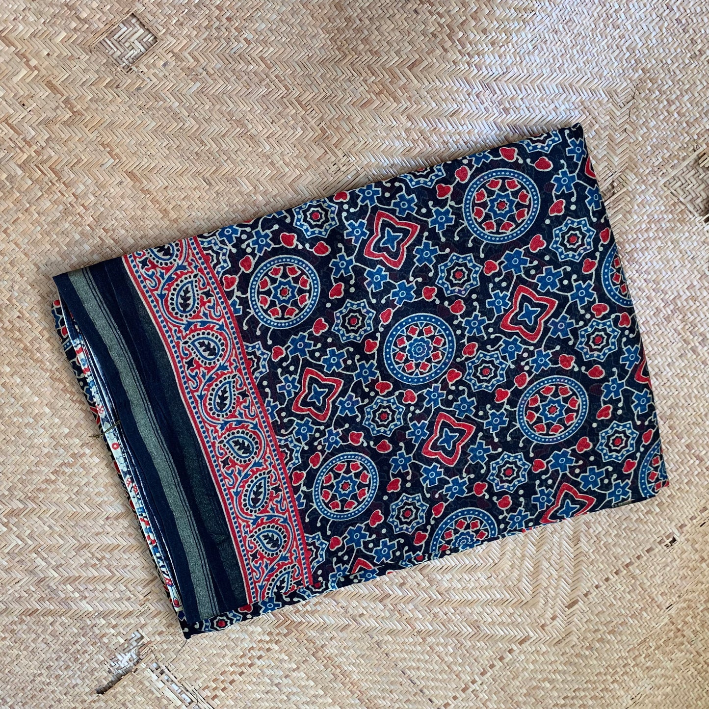 Black Chanderi Saree, Ajrak Printed