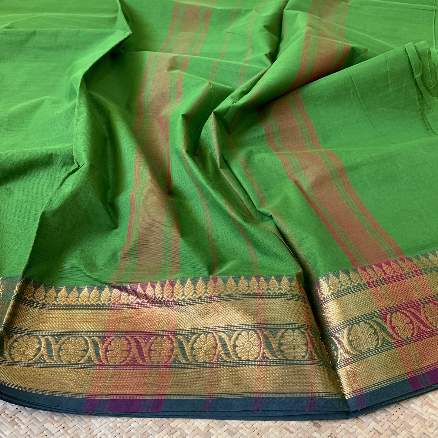 Chettinad Cotton Saree, Double Tone Green with Ganga Jamuna Border