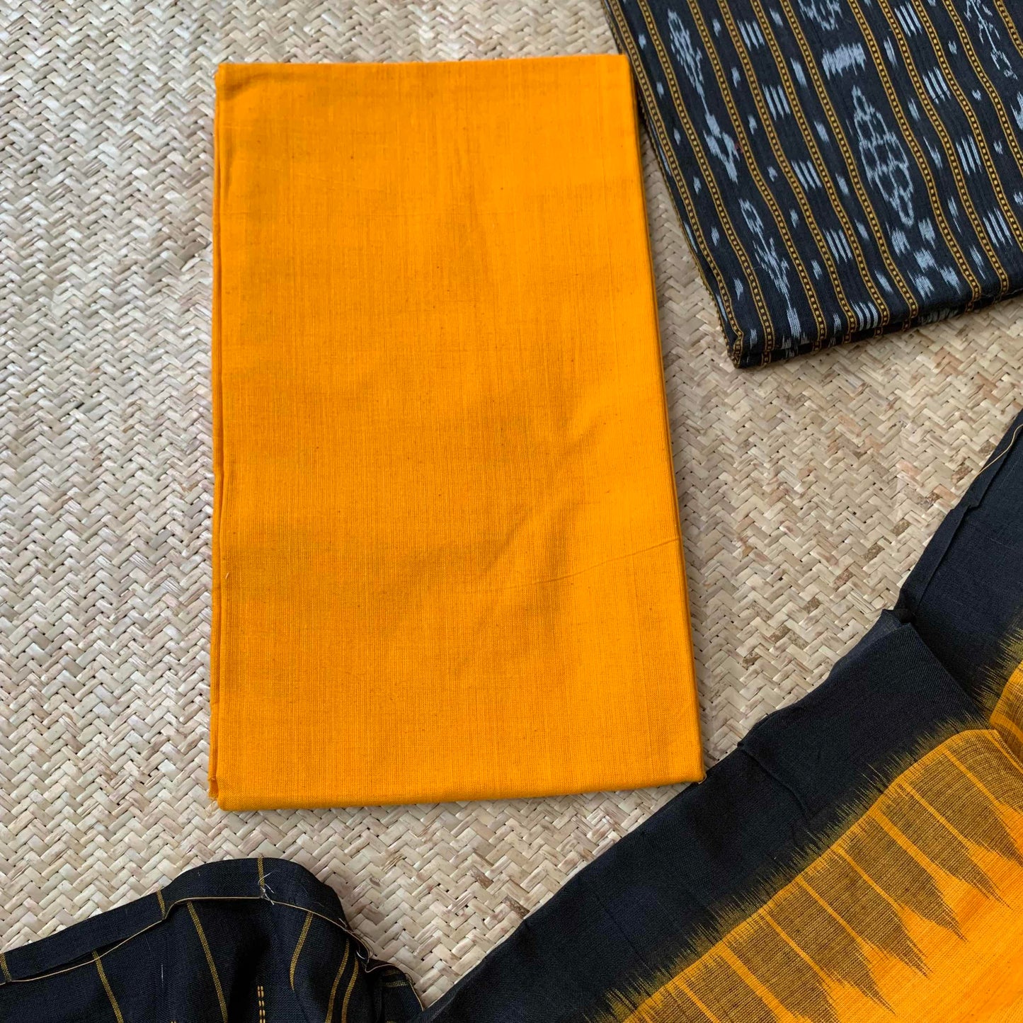 Black With Yellow Handwoven Sambalpuri Ikkat Cotton Salwar Suite Material