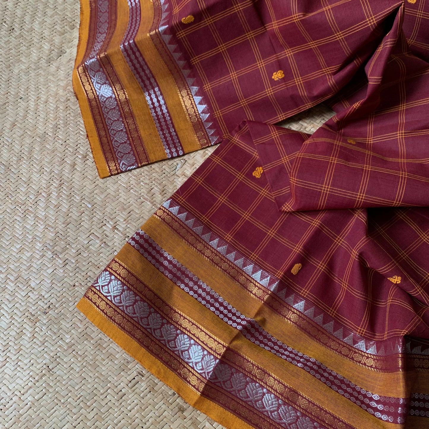 Chettinad Cotton Saree, Brown Checked Saree with Mustard Silver Zari Border