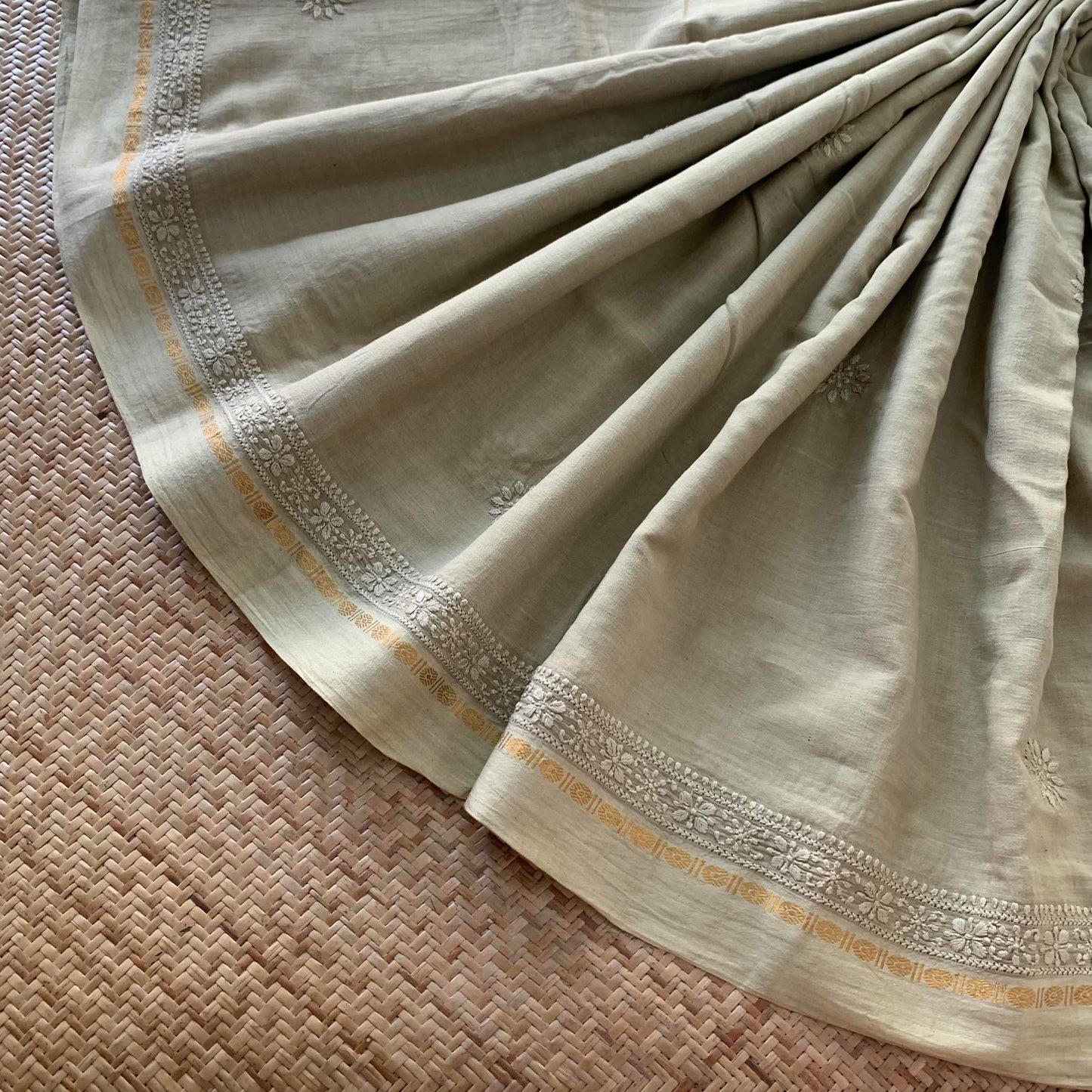 Madisar  9.8 Yards, Hand Embroidered Chickankari On Madurai Cotton Saree With Zari