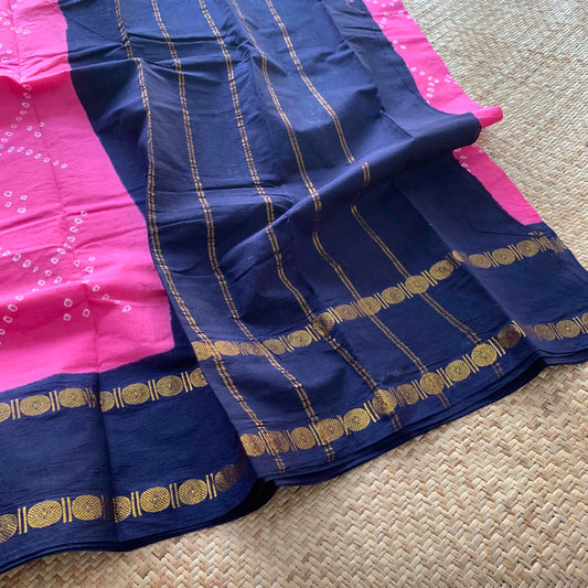 Pink With Navy Saree , Hand knotted Sungudi , Kaikattu Cotton Sungadi