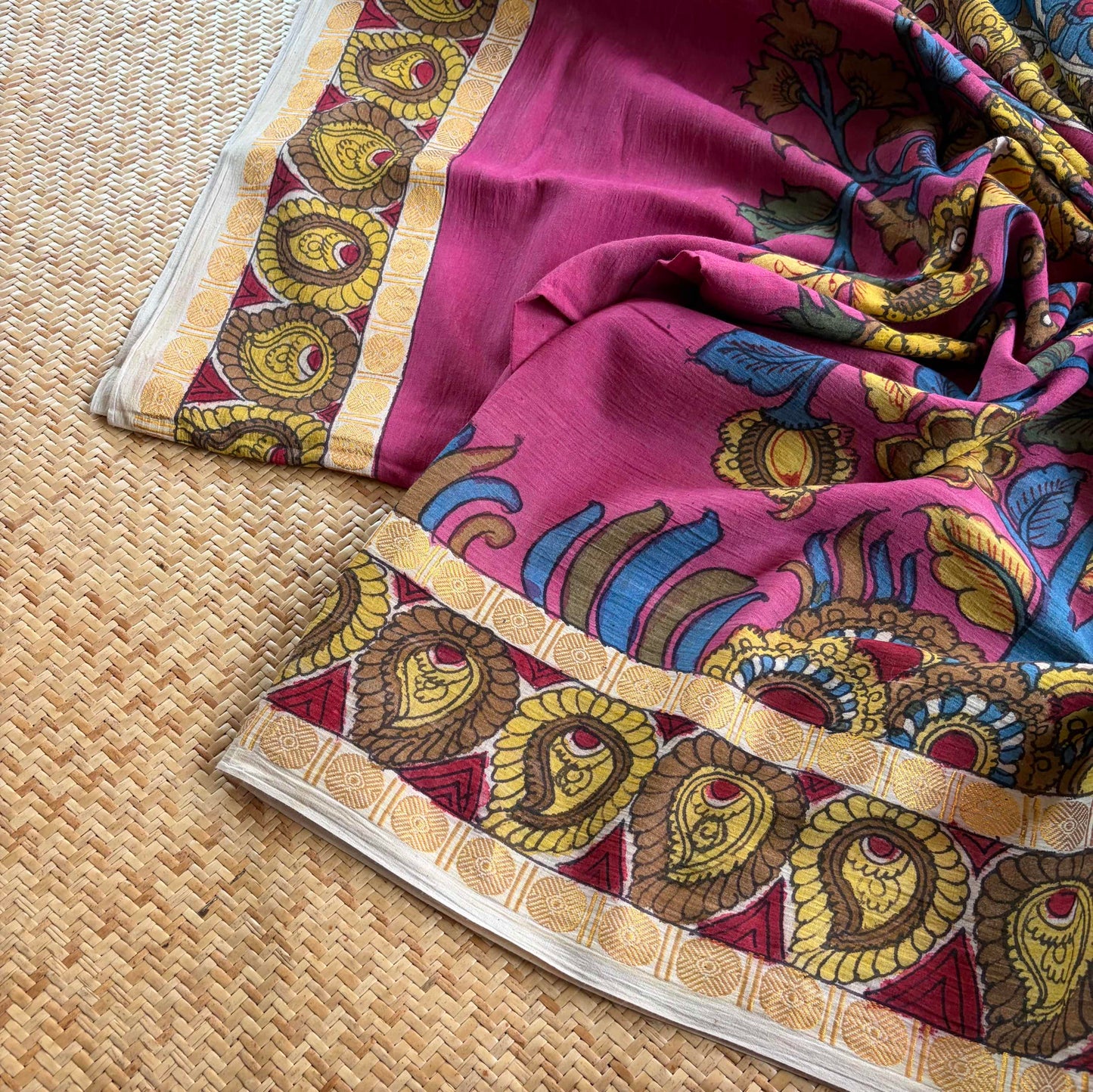Pink Kalamkari Hand Painted on Cotton Sungudi Saree With Blouse