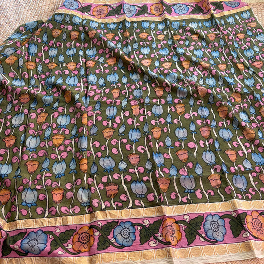 Green Floral, Kalamkari Hand Painted on a Madurai Sungudi Cotton 1.20 METER FABRIC