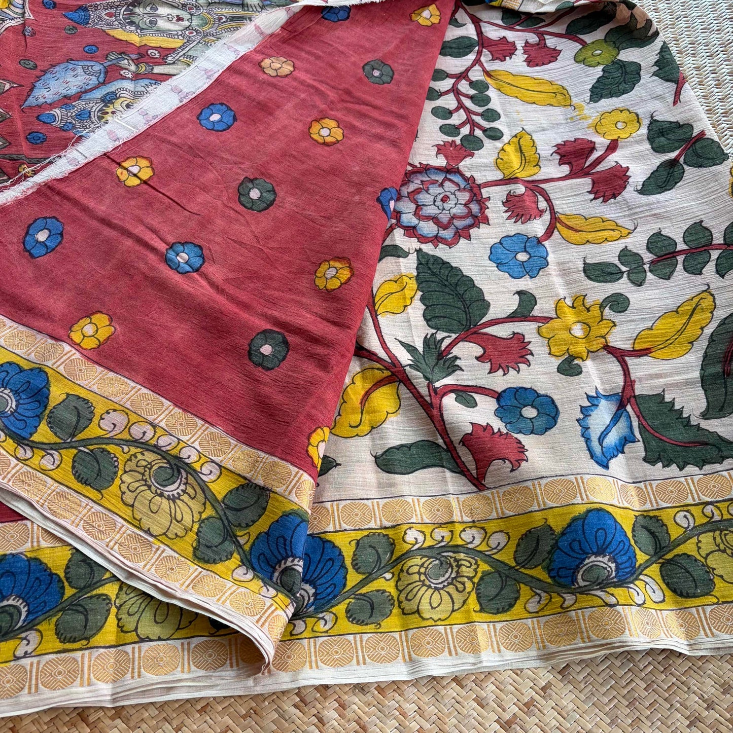 Cream, Kalamkari Hand Painted on Cotton Sungudi Saree With Blouse