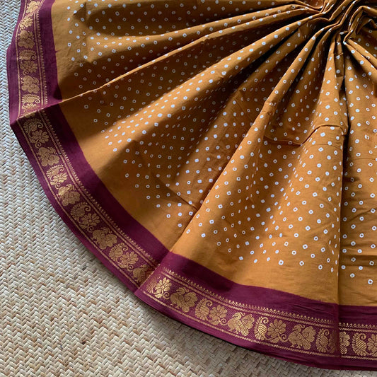 Mustard With Brown Wax Print, Half Fine Zari Premium Sungudi Cotton Sarees