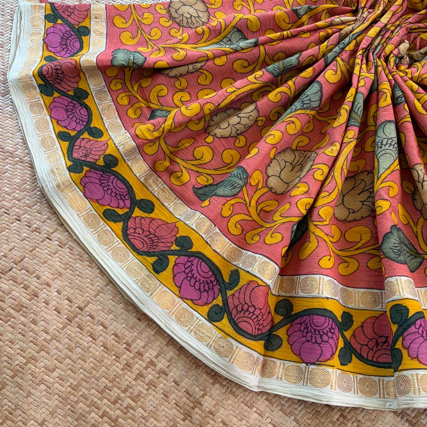 Peach Kalamkari Hand Painted on Cotton Sungudi Saree With Blouse