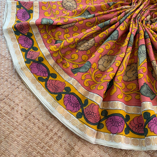Peach Kalamkari Hand Painted on Cotton Sungudi Saree With Blouse