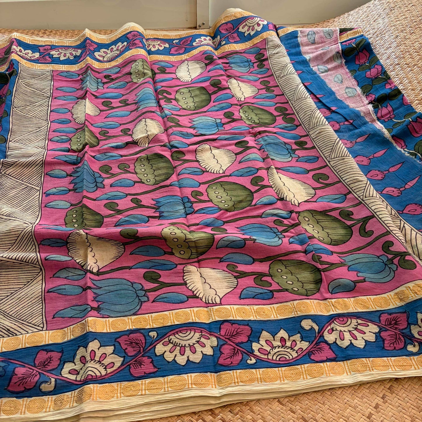 Blue Kalamkari Hand Painted on Cotton Sungudi Saree With Blouse