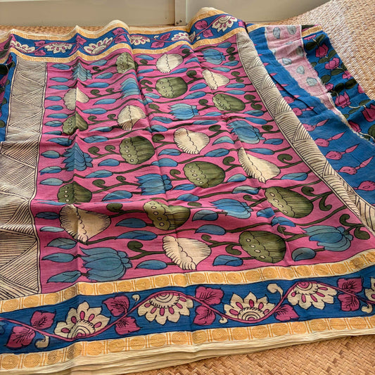 Blue Kalamkari Hand Painted on Cotton Sungudi Saree With Blouse