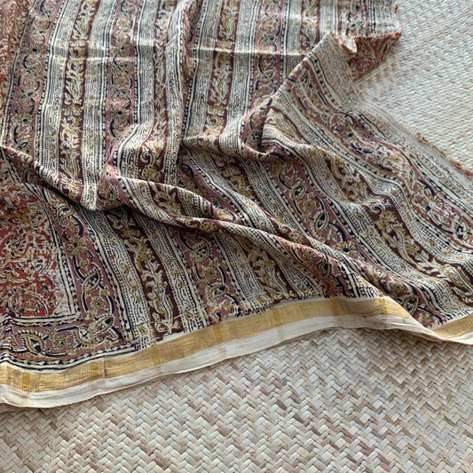 Brick Red , Kalamkari Hand Block Printed On Madurai Cotton Saree With Zari