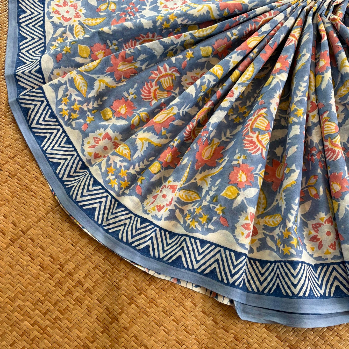 Mul Mul Cotton saree, Hand Block Printed, Pastel Blue