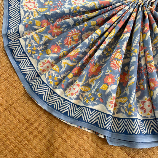 Mul Mul Cotton saree, Hand Block Printed, Pastel Blue