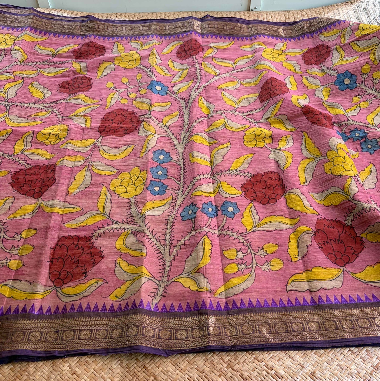 Pink, Kalamkari Hand Painted on Chettinad Cotton saree
