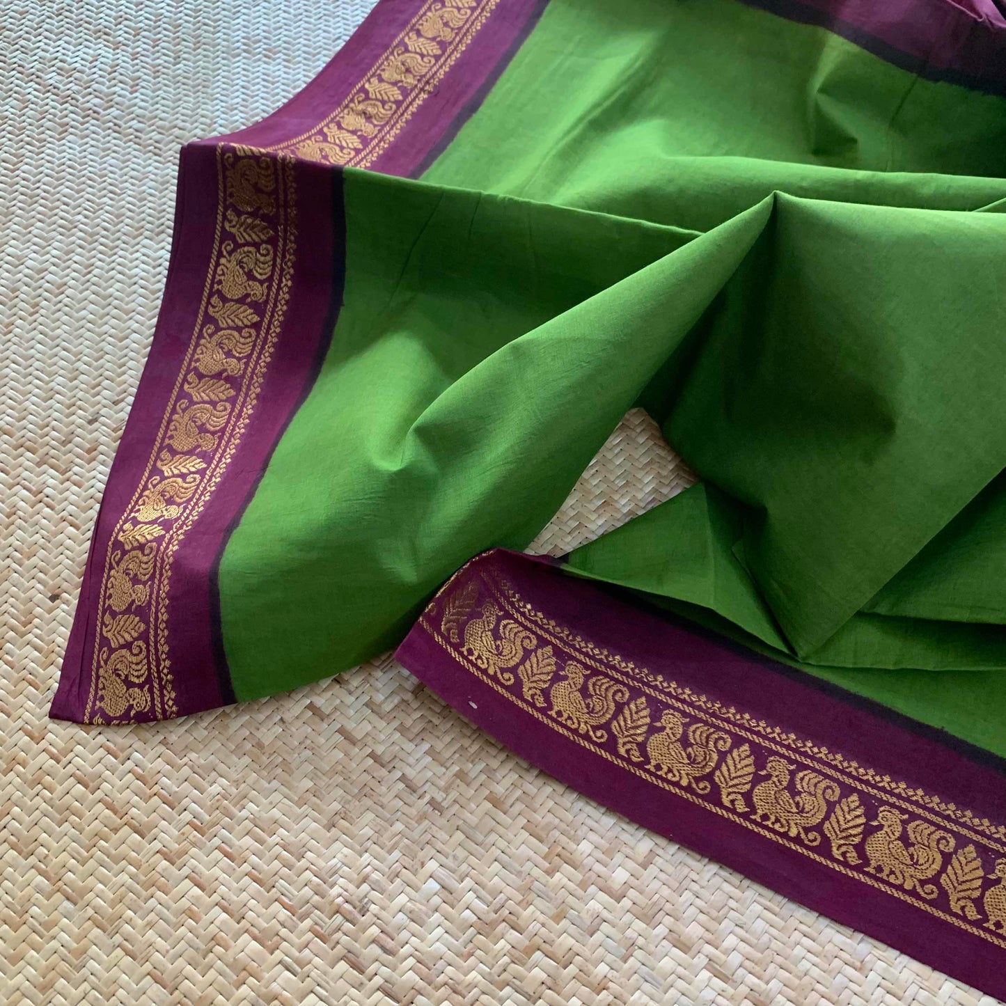 Green Saree With Beetle Nut Brown Half Fine Zari Border, Clamp dyed (Kattu sayam).