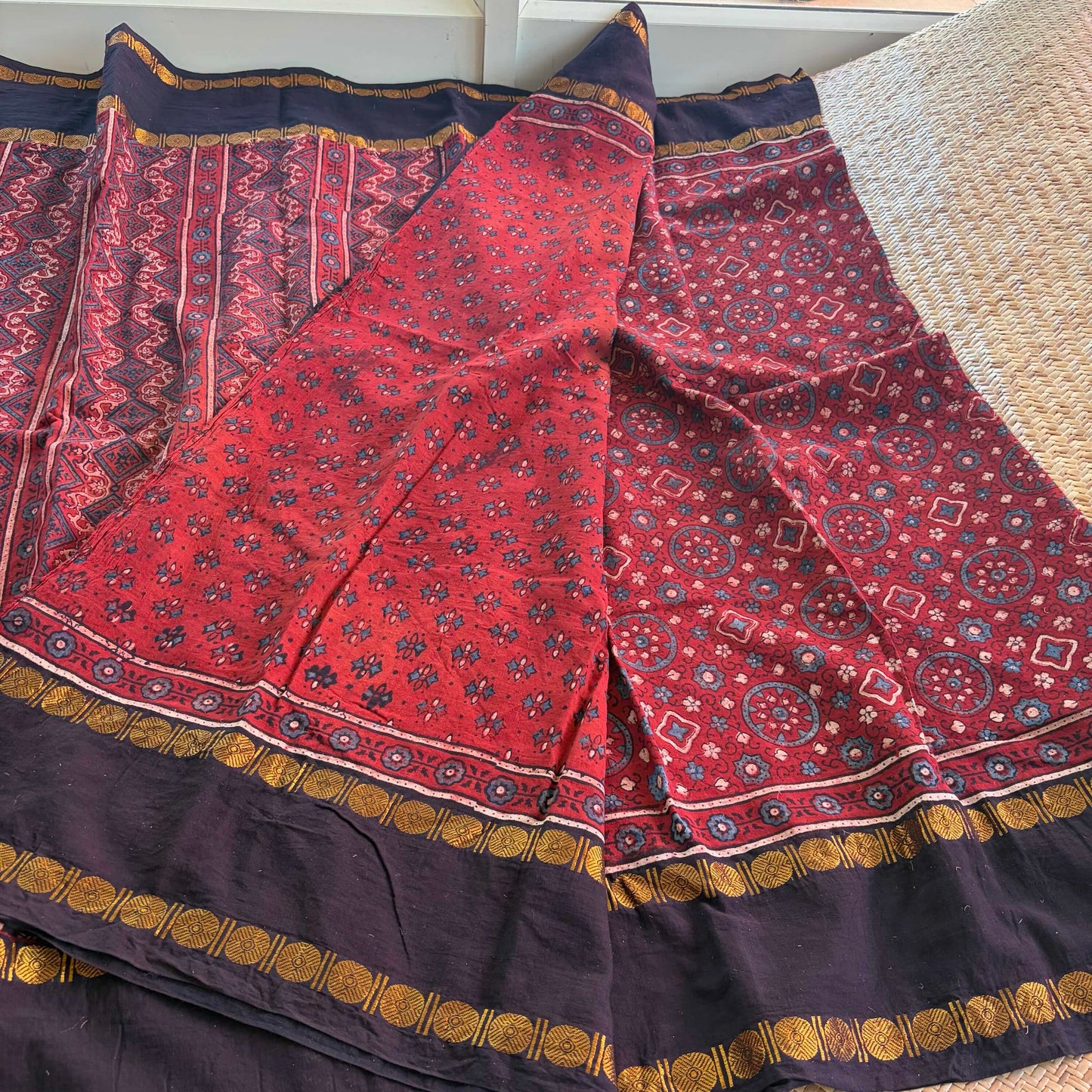 Vintage- Rudraksha Border, Ajrak Hand Block Printed On Madurai Cotton Saree With Zari