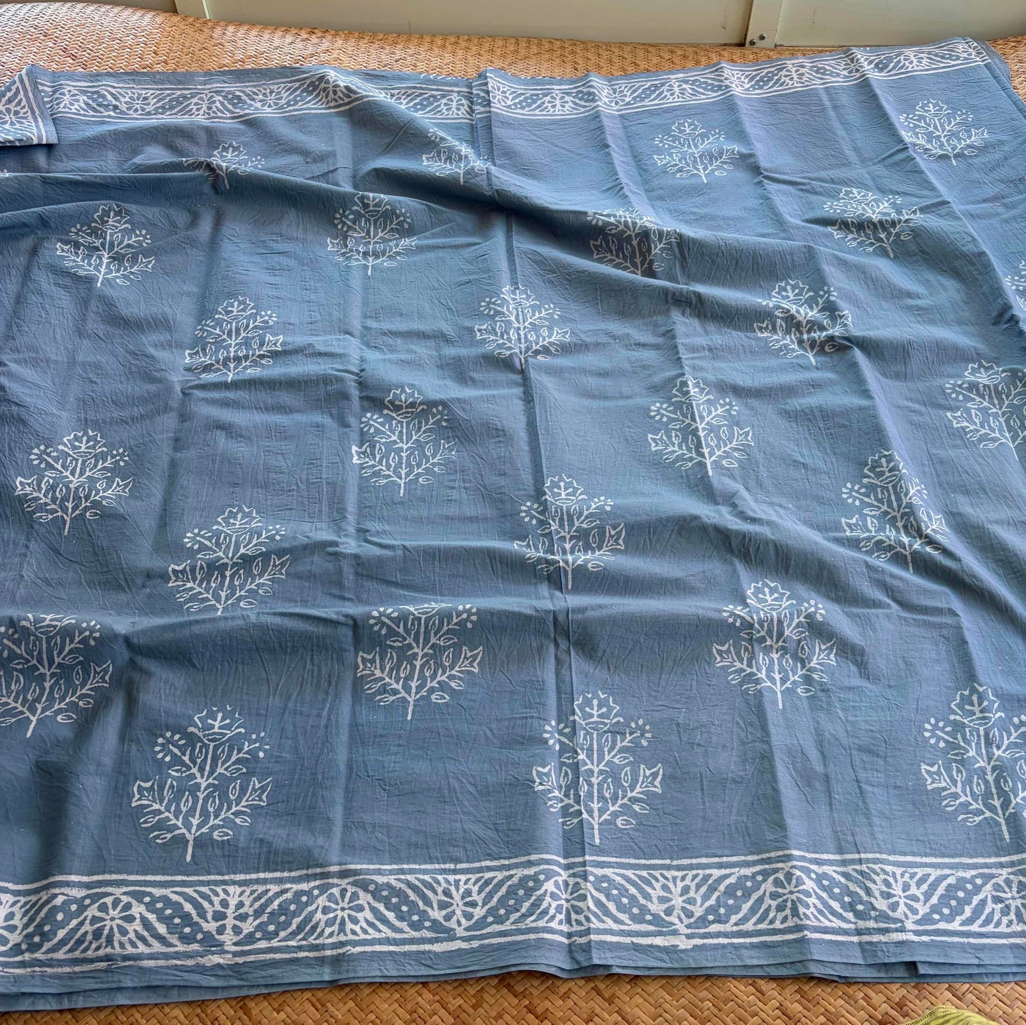 Mul Mul Cotton saree, Hand Block Printed, Powder Blue