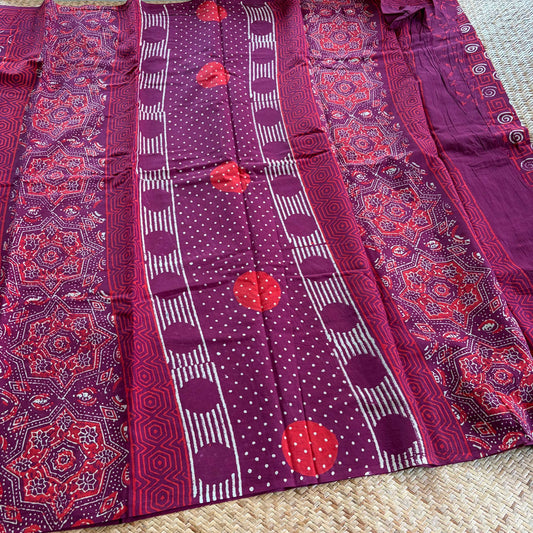Mul Mul Cotton saree, Hand Block Printed, Maroon