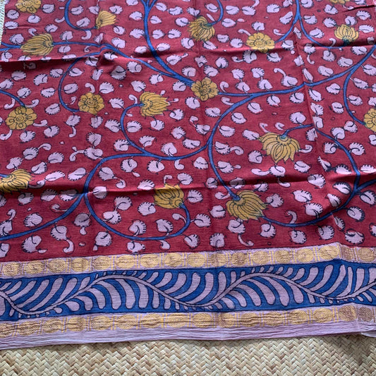 Maroon Floral, Kalamkari Hand Painted on a Madurai Sungudi Cotton CUT FABRIC