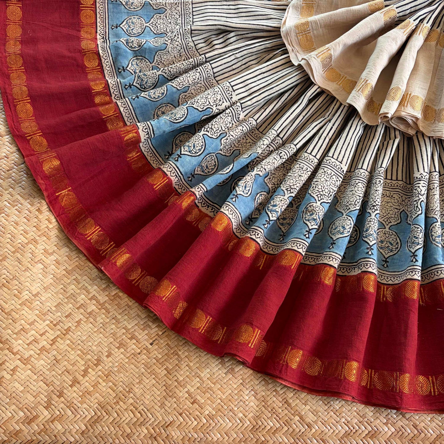 Off White Stripes, Ajrak Hand Block Printed On Madurai Cotton Saree With Zari