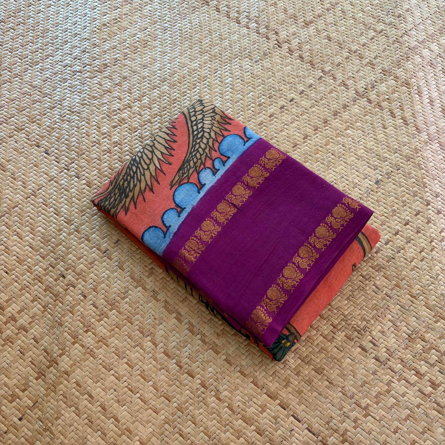 Crane Kalamkari Hand Painted on a Madurai Sungudi Cotton saree.