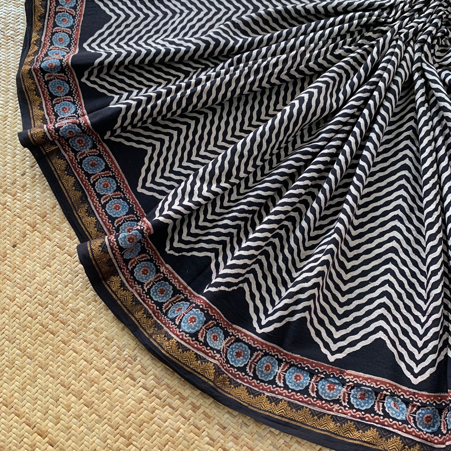 Herringbone , Ajrak Hand Block Printed On Madurai Cotton Saree With Zari