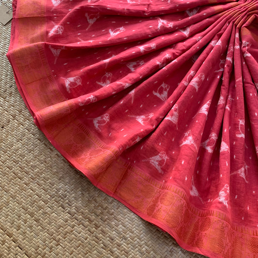 Salmon Pink, Hand Crafted Shibori Sungudi Cotton Saree