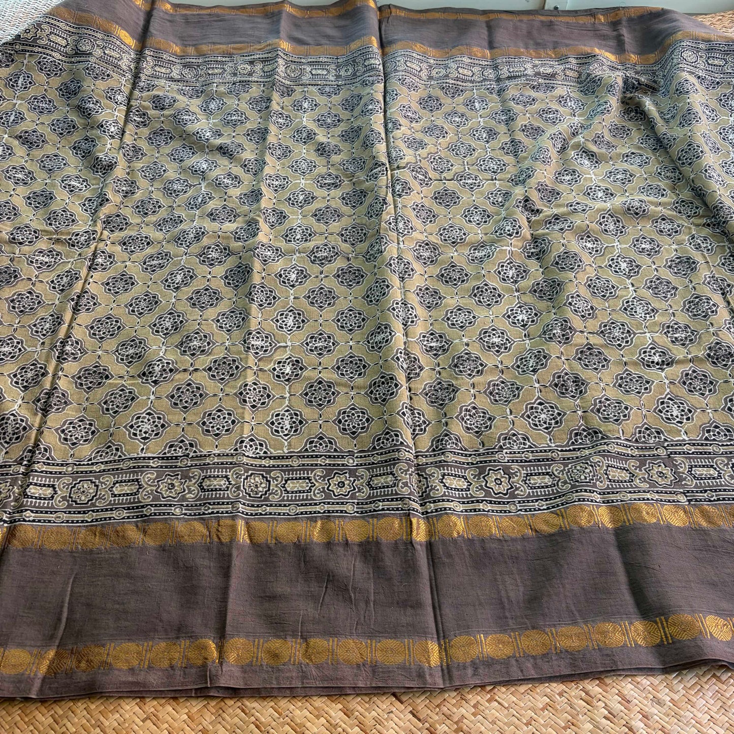 Taupe, Ajrak Hand Block Printed On Madurai Cotton Saree With Zari