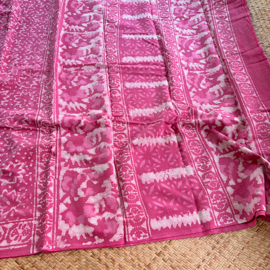Mul Mul Cotton saree, Hand Block Printed, Pink
