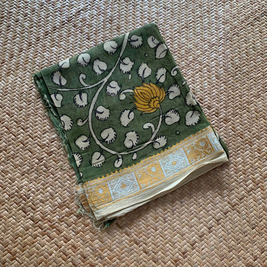 Green Floral, Kalamkari Hand Painted on a Madurai Sungudi Cotton CUT FABRIC