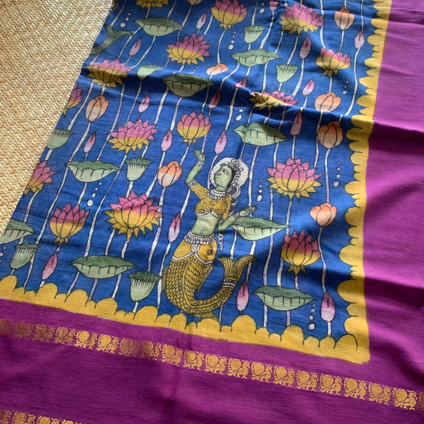 Indian Mermaid Kalamkari Hand Painted on a Madurai Sungudi Cotton saree.