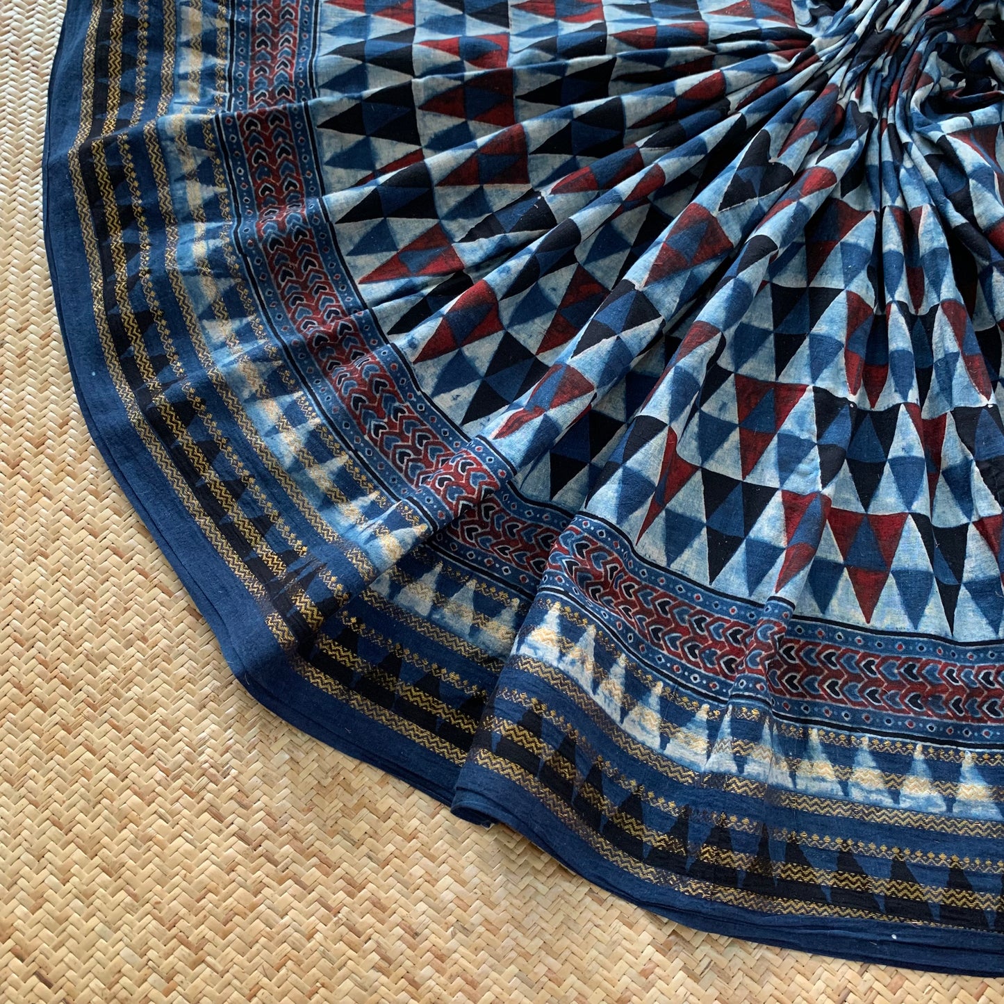 Triangles-Indigo, Ajrak Hand Block Printed On Madurai Cotton Saree With Zari