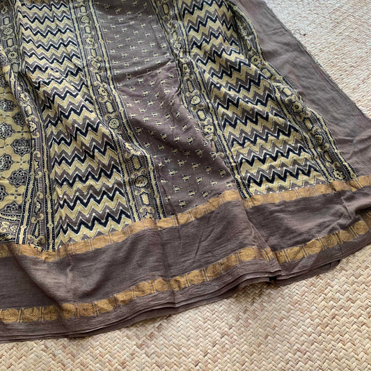 Taupe, Ajrak Hand Block Printed On Madurai Cotton Saree With Zari