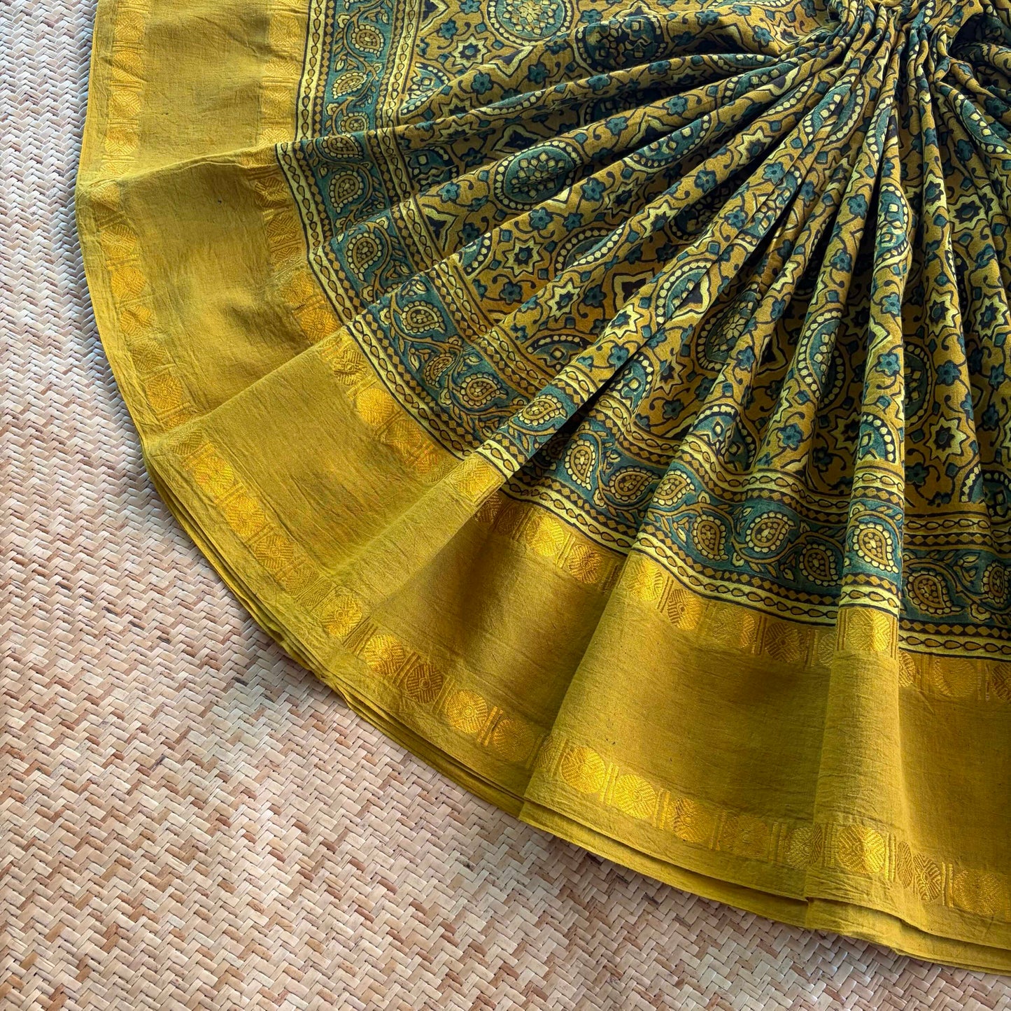 Mustard, Ajrak Hand Block Printed On Madurai Cotton Saree With Zari