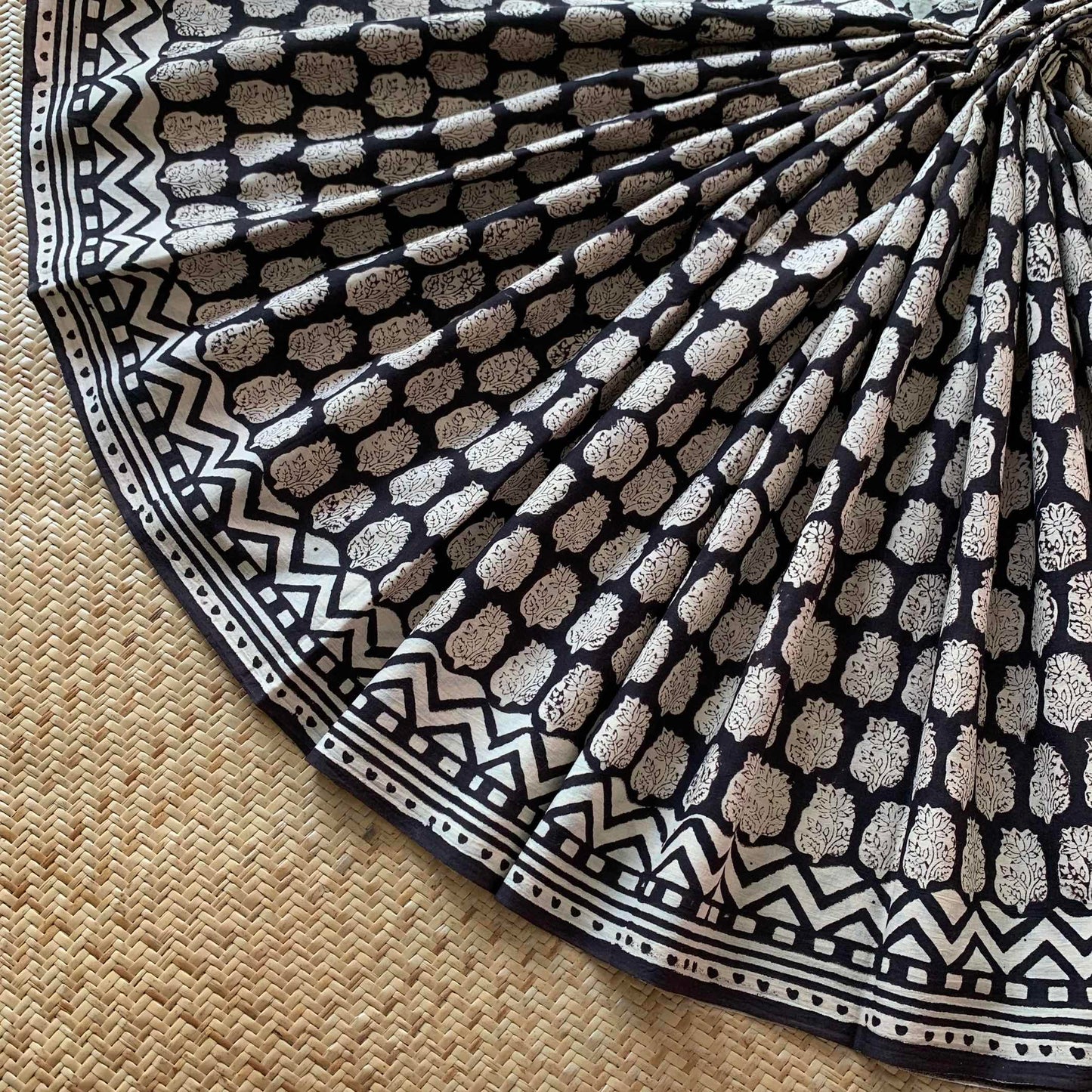 Mul Mul Cotton saree, Hand Block Printed, Black