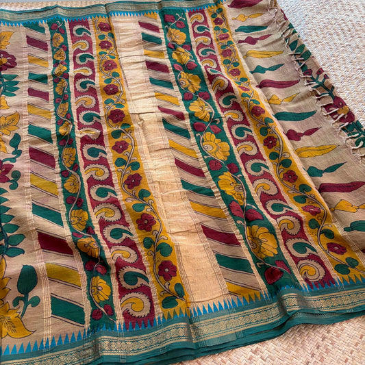Multicoloured Kalamkari Hand Painted on Chettinad Cotton saree