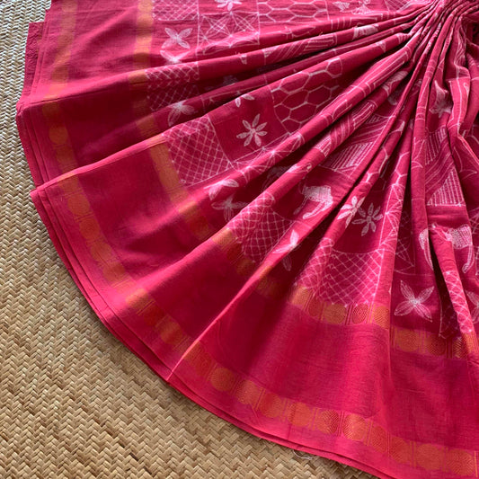 Frames.2 - Pink , Hand Crafted Shibori Sungudi Cotton Saree